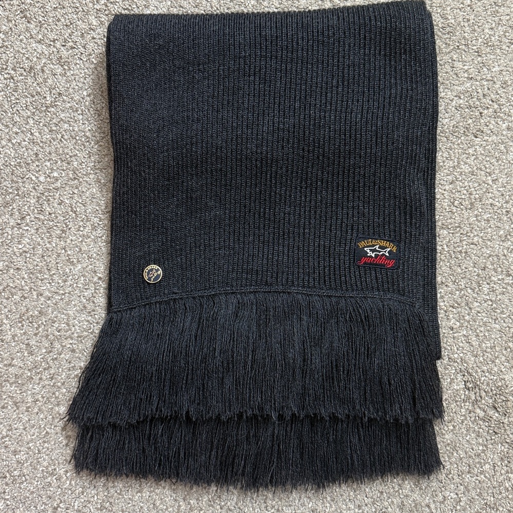 Paul & Shark Grey Ribbed Wool Fringe Scarf